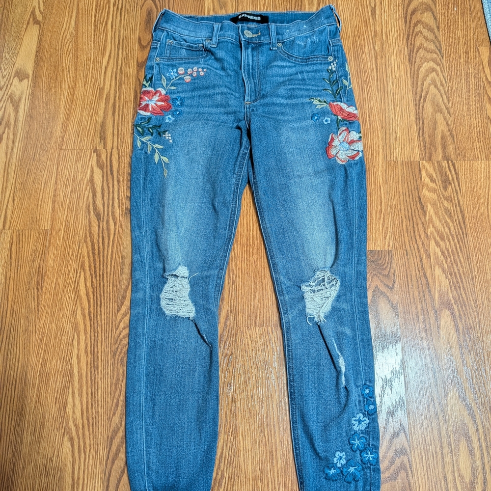 Express Floral Embroidered High Rise Jeans